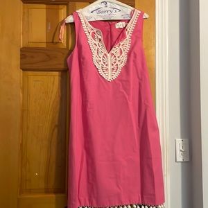 Pink sleeveless linen dress with lace around the neck